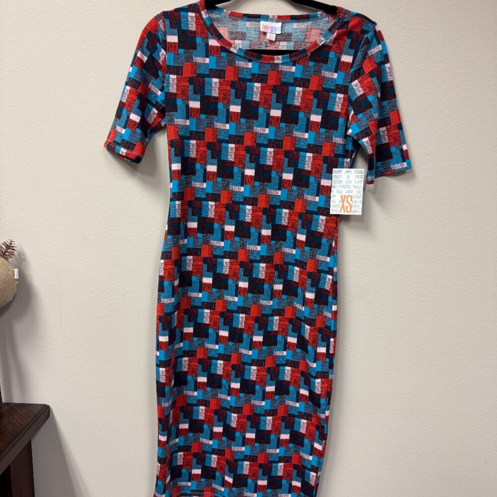 LuLaRoe Julia Dress Navy, Red, Blue Geometric Pattern NWT size XS